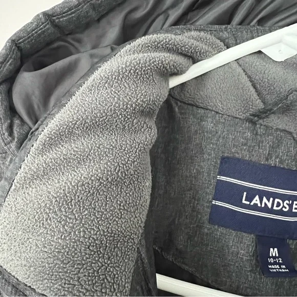 Lands End Down Puffer Coat Grey Hooded Size 10 12 Medium Winter Jacket Long - Picture 12 of 14